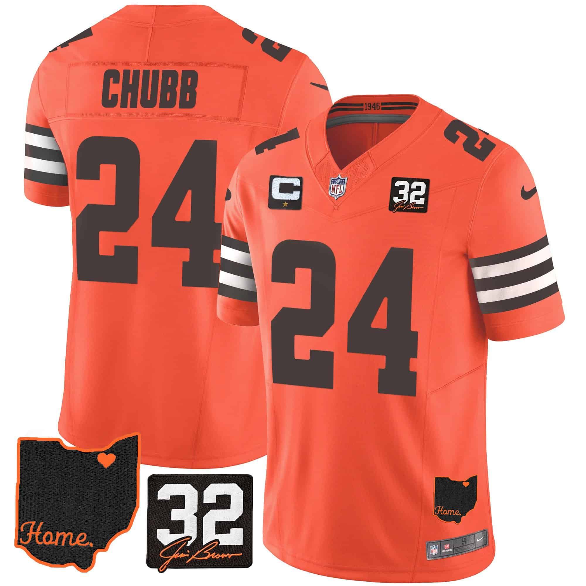 Men Cleveland Browns #24 Chubb Orange Memorial Home Patch 2024 Nike NFL Jersey